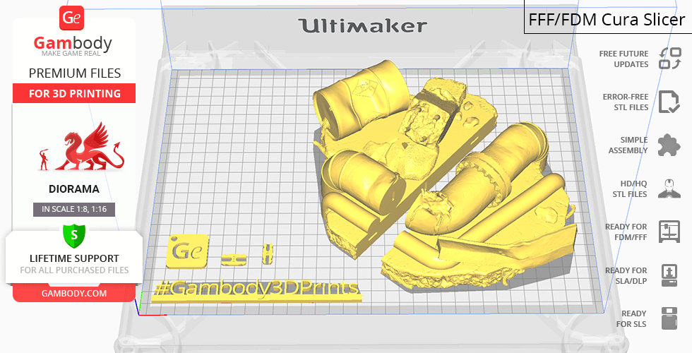 Yellow Venom 3D model pieces displayed in Cura slicer software for 3D printing.