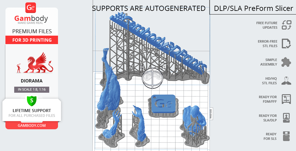 3D model of Venom with autogenerated supports, ready for 3D printing, shown in slicing software.