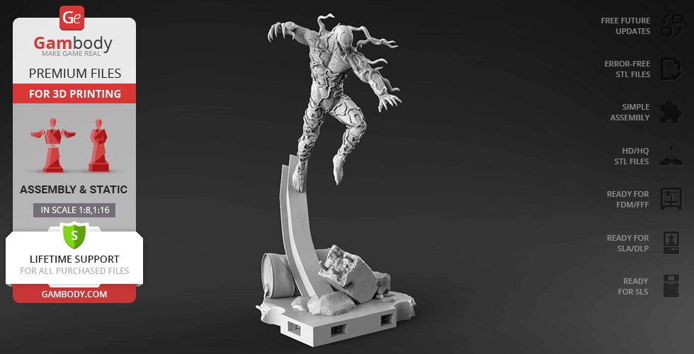 Dynamic 3D model of a muscular character in an action pose for 3D printing, includes detailed textures.