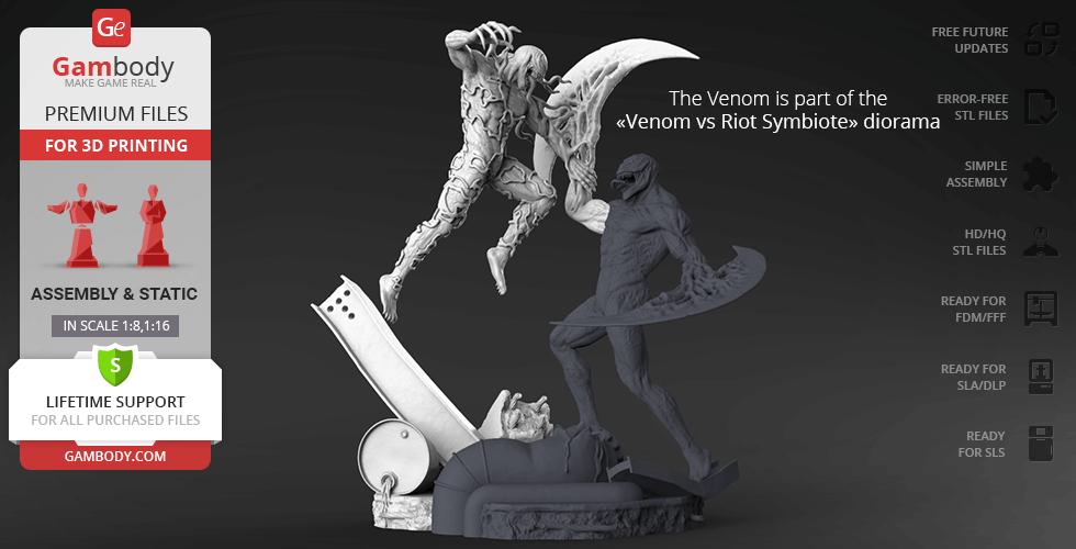 A dynamic Venom and Riot figure diorama designed for 3D printing.