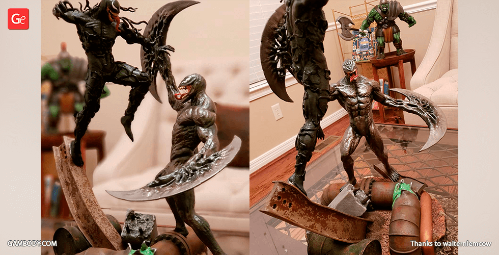Two dynamic Venom 3D models in combat pose, showcasing detailed muscular and textured features.