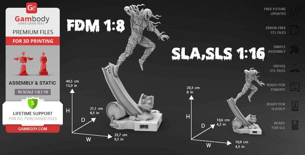 Dynamic 3D model of a muscular character in action pose on a base, ready for FDM and SLA/SLS printing.