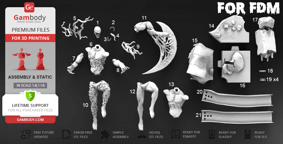 3D model parts of a muscular, monstrous figure with tendrils, labeled and prepared for 3D printing.