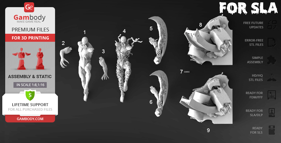 3D model parts of a muscular character for printing, shown disassembled for SLA printing on Gambody platform.