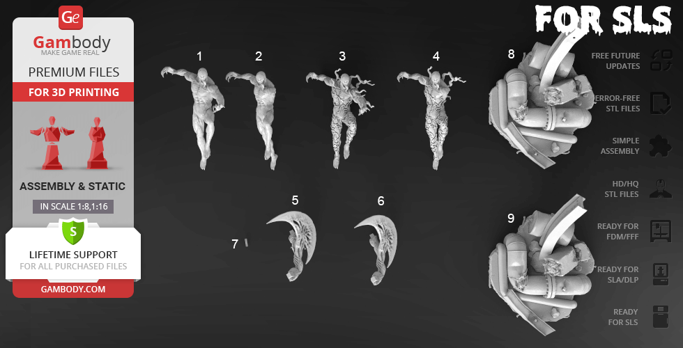 3D model parts for printing a dynamic Venom figure, including arms, body, and head.
