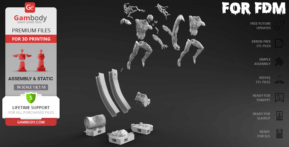3D model parts of a muscular character with tendrils for printing, shown in separate pieces for assembly.