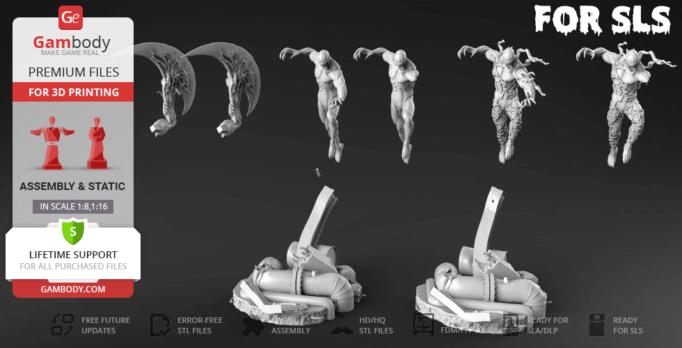 A detailed 3D model of a muscular character in various dynamic poses, suitable for 3D printing assembly.