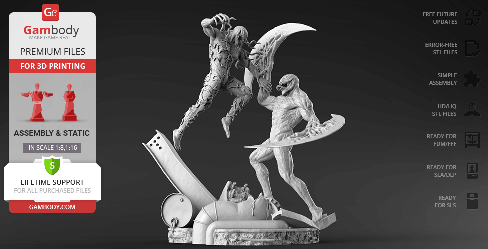 Dynamic 3D model of two symbiote characters in combat, with base and detailed features for printing.