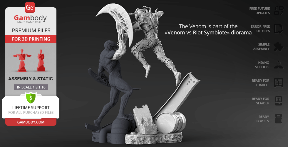 Two dynamic 3D models in action: a dark figure and a creature with a scythe-like arm on a detailed base.