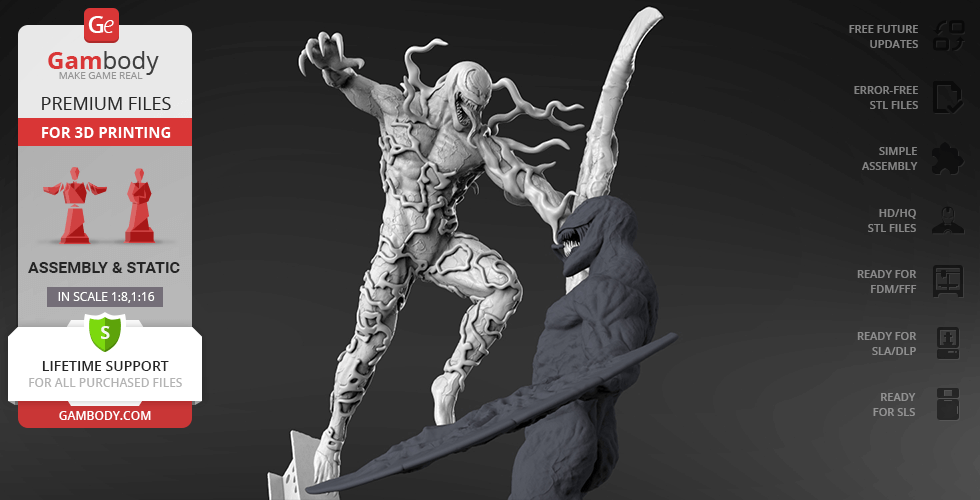 Two dynamic Venom figures in a combat pose designed for 3D printing.