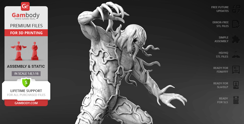 A detailed 3D model of a muscular creature with tendrils, designed for 3D printing.