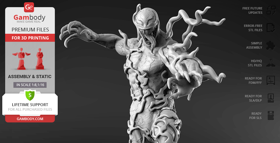 A detailed 3D model of a muscular, monstrous figure with tendrils, designed for 3D printing.