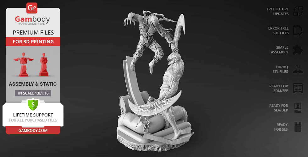 A dynamic 3D model of a muscular character in action pose with tendrils, designed for 3D printing.