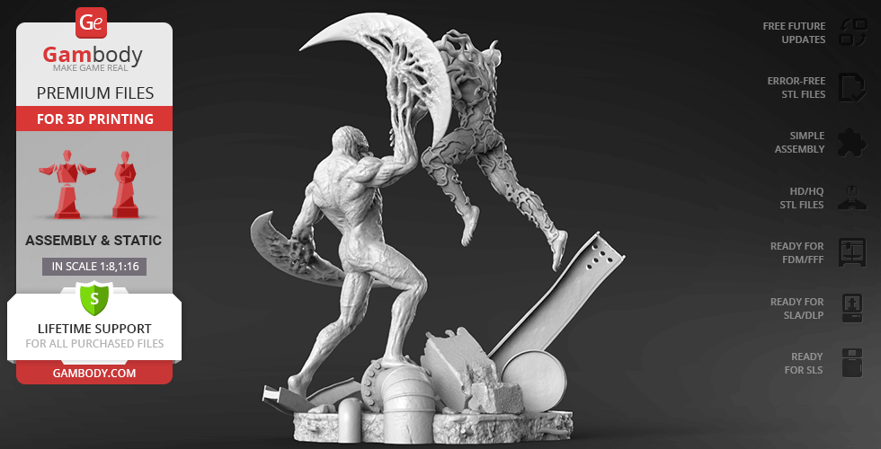 A muscular creature with sharp teeth is posed dynamically on a rubble-like base, holding a curved blade.