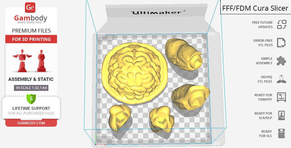 3D model pieces of Rootmars from Metal Slug prepared for 3D printing on a virtual print bed.