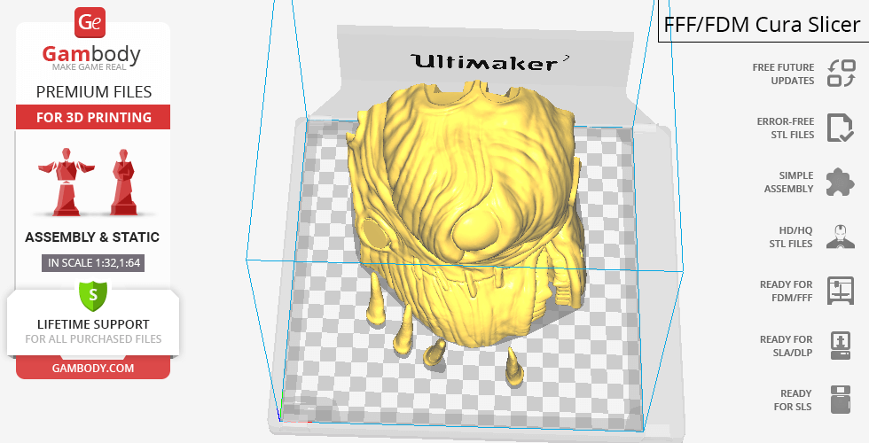 A 3D model of Rootmars from Metal Slug, set up for 3D printing, shown in slicing software.