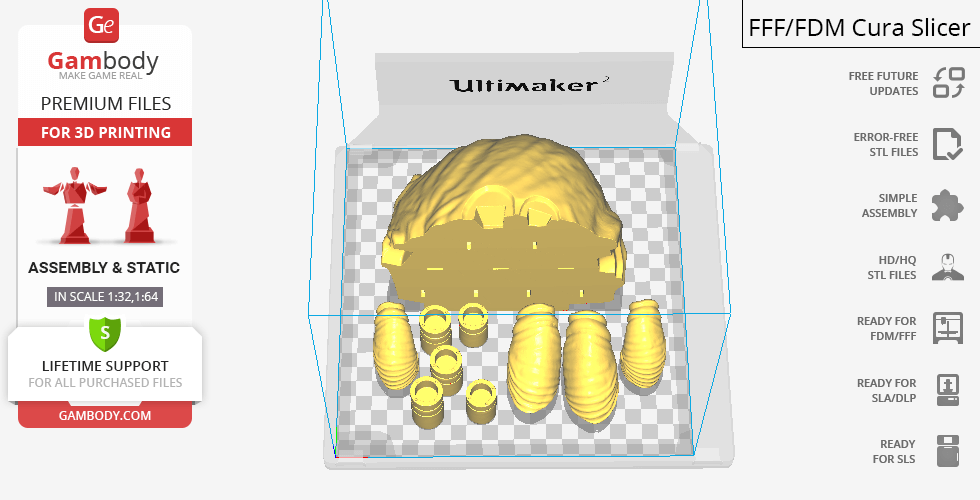 3D printing model of Rootmars from Metal Slug in Cura Slicer, showing multiple parts on a grid.