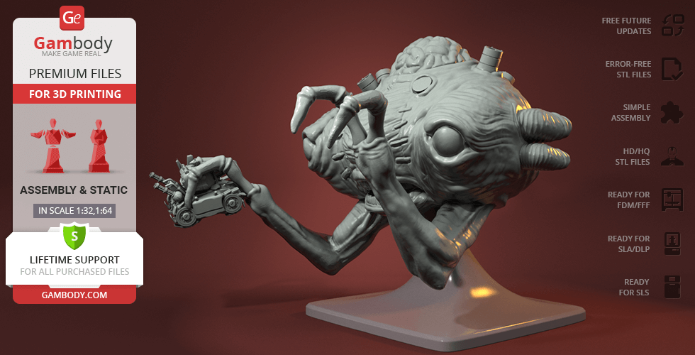 Alien-like creature model with intricate details, holding a small vehicle in its hand, designed for 3D printing.