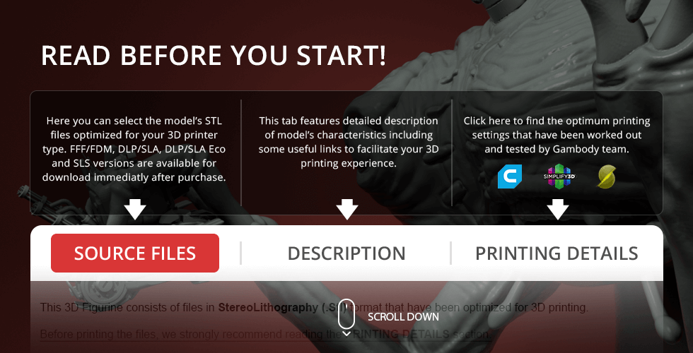 A 3D printing guide for selecting STL files with tabs for source files, descriptions, and printing details.