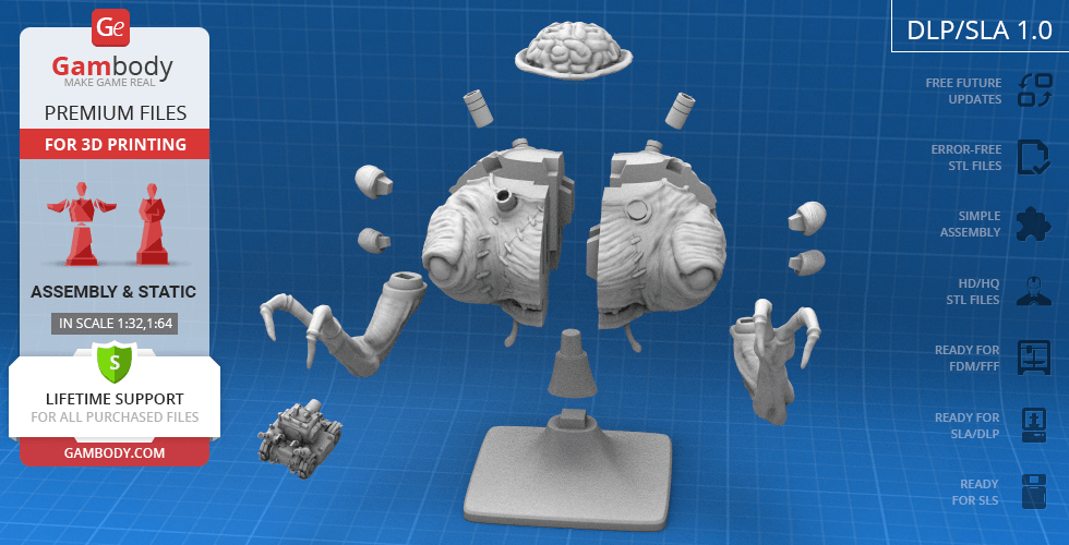 Disassembled 3D model pieces of Rootmars from Metal Slug on a blueprint background.