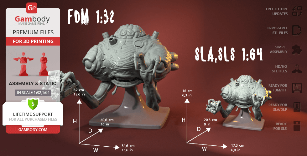 A sculpted Rootmars from Metal Slug with two sizes for 3D printing, shown with dimensions and features.