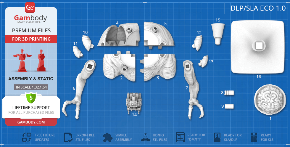 3D printable parts layout for Rootmars from Metal Slug, including body, limbs, and base on a grid background.