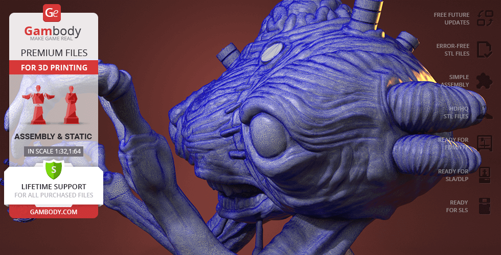 A detailed 3D model of an alien-like creature with textured skin and large fingers for 3D printing.