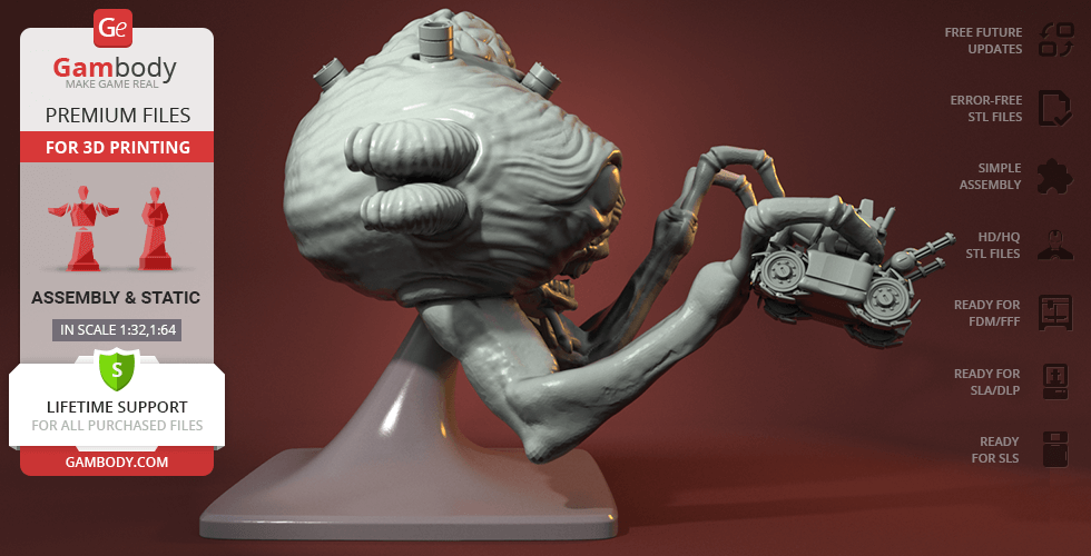 Alien creature holding a vehicle, 3D printed model from Metal Slug, displayed on a stand.