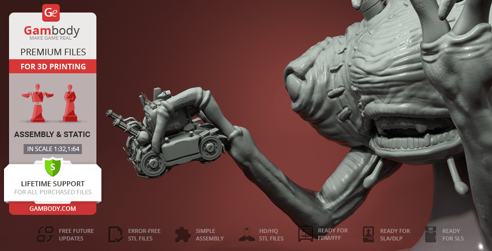 A large alien creature holding a small tank in its hand, designed for 3D printing.