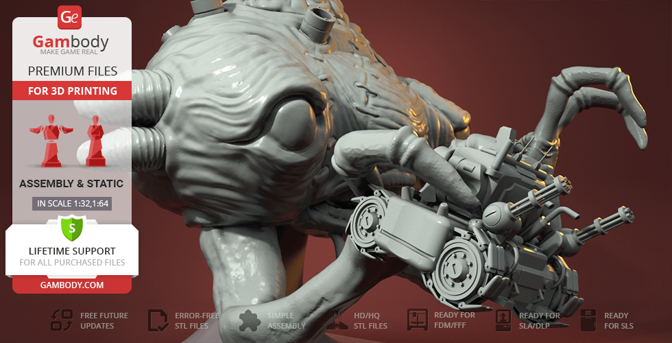 Alien-like creature with mechanical elements, holding a tank-like vehicle, designed for 3D printing.