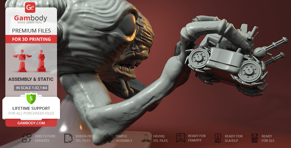 Alien creature holding a detailed tank model, designed for 3D printing.