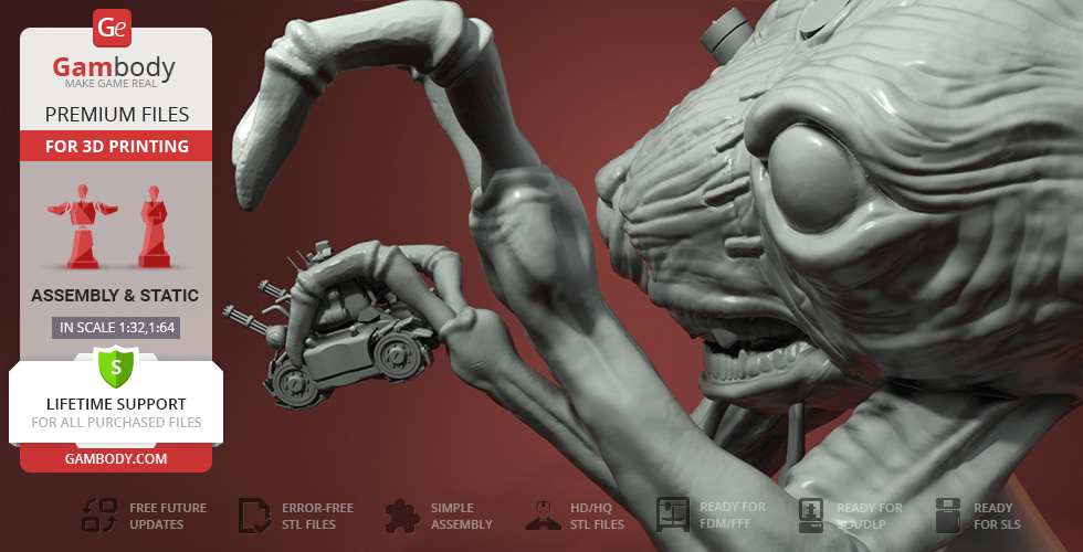 Alien creature holds a small tank with a detailed and textured design for 3D printing.