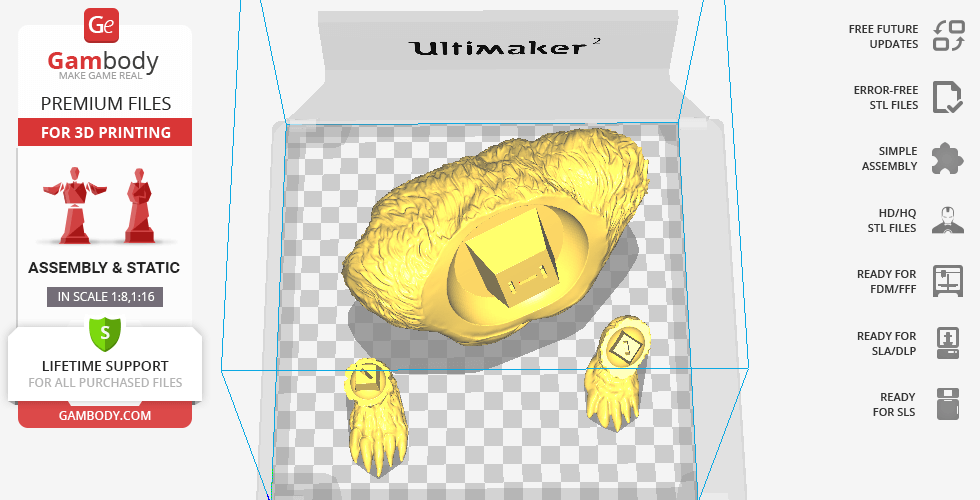 3D model parts of Dota 2 Ursa, featuring head and arms, prepared for 3D printing on Ultimaker.