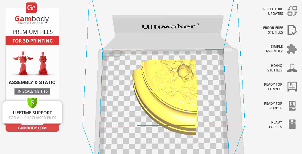 3D print preview of Dota 2 Ursa model's base in yellow, shown in a 3D slicer software.