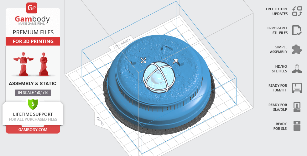 A 3D model of a textured base for Dota 2 Ursa figure, shown in blue on a grid.