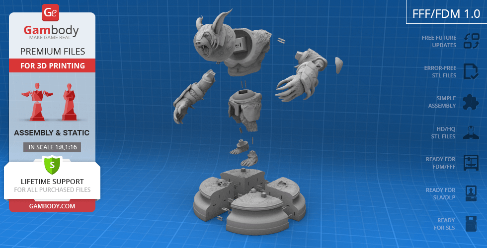 3D model parts of a fantasy bear warrior character, disassembled for 3D printing.