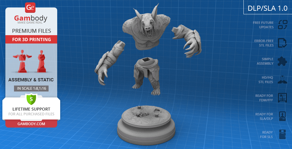 3D model of a bear-like warrior with armor, split into parts for assembly, on a display base.