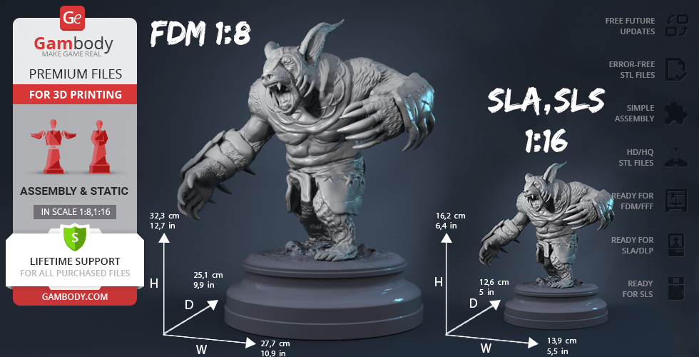 A detailed 3D model of a fierce, armored bear-like creature from Dota 2 for 3D printing in two sizes.