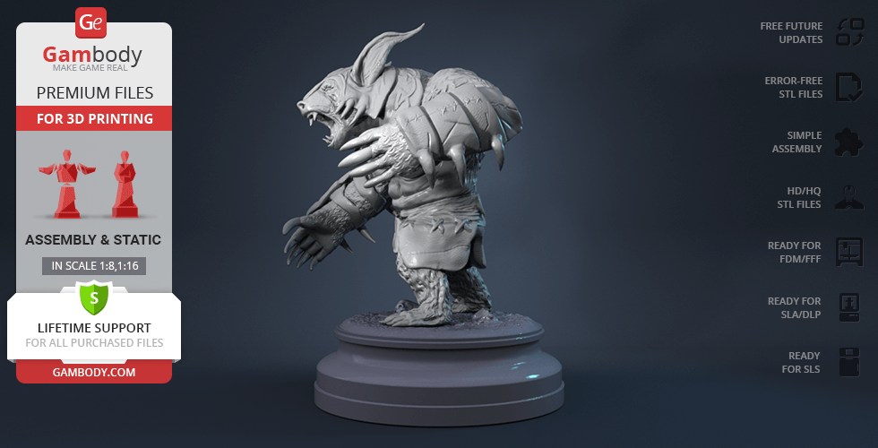 A 3D printed figure of a ferocious, armored bear-like creature from Dota 2 on a display stand.