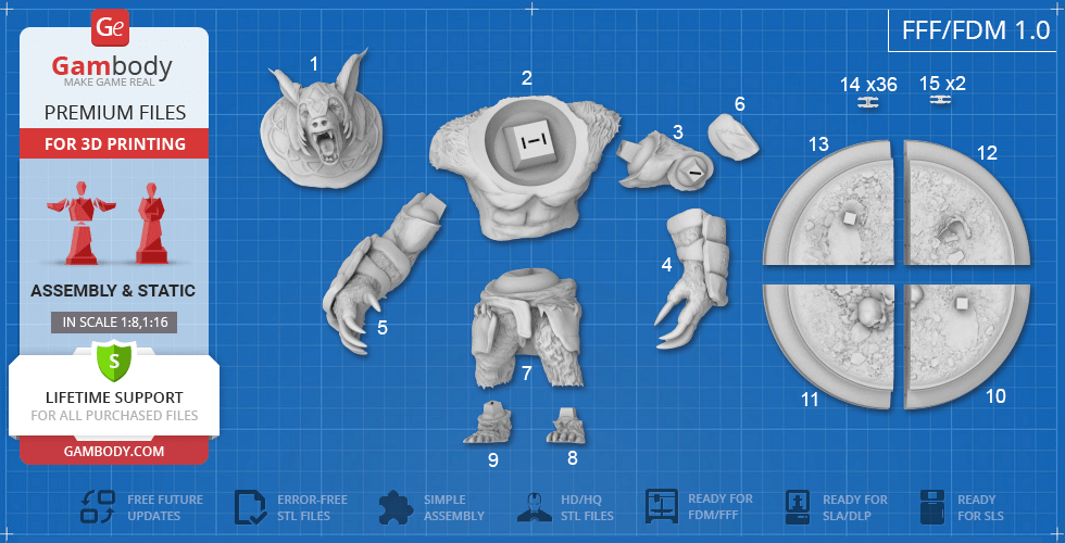 3D printable model parts of Dota 2 character Ursa, including detailed head, torso, arms, and base segments.