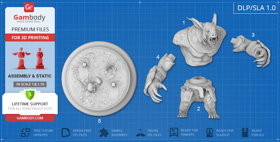 3D model parts of a bear-like warrior from Dota 2, including head, arms, torso, and base for assembly.