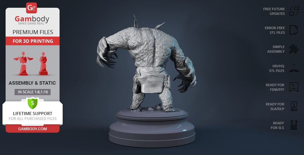 3D model of a bear-like creature with large claws on a display base, ready for 3D printing.