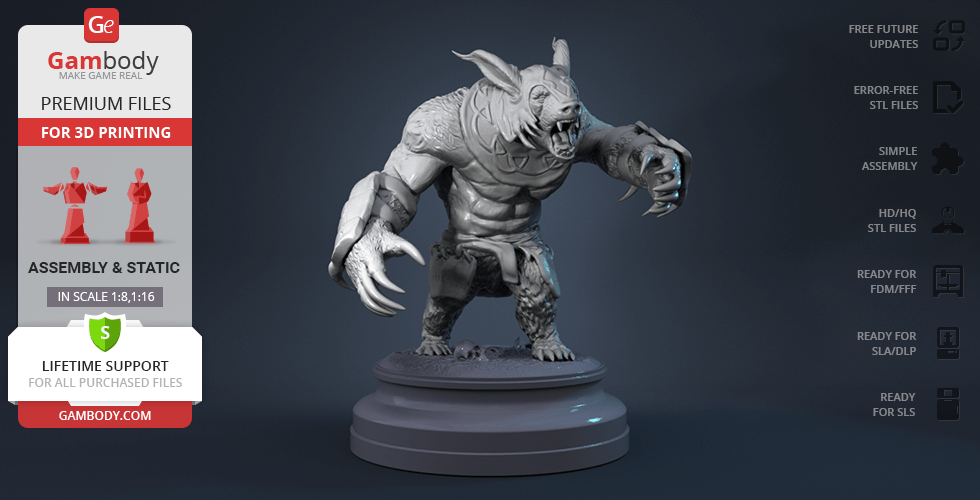 A 3D-printed model of a fierce, armored bear-like creature standing on a round base.