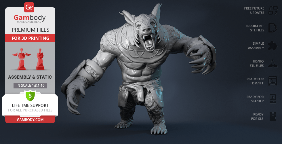 A 3D model of a fierce, muscular bear-like creature with armor and claws, ready for 3D printing.