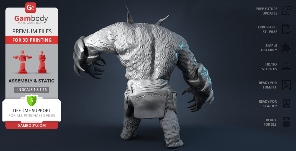 A 3D model of a bear-like creature with claws and fur, viewed from the back, designed for printing.