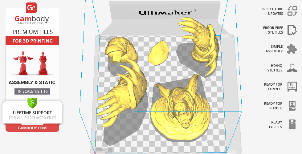 3D printed parts of a bear-like character, including head, claws, and shoulder armor, arranged for assembly.