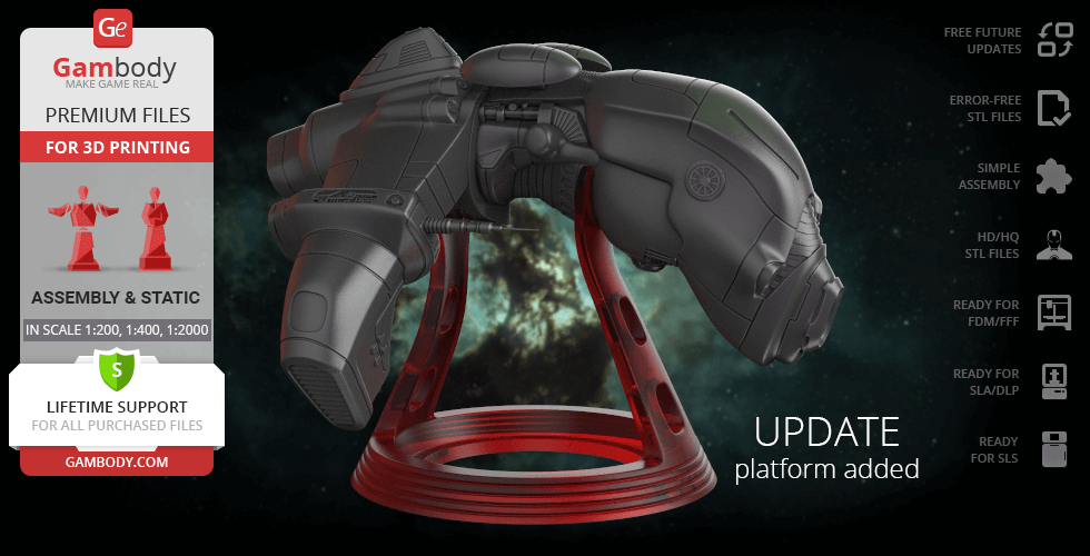 A detailed 3D model of a spaceship from EVE Online, mounted on a red circular stand.
