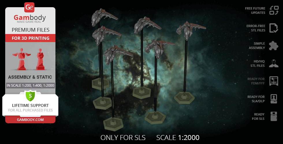 Group of six Taranis ships from EVE Online on stands, ready for 3D printing, displayed in space backdrop.