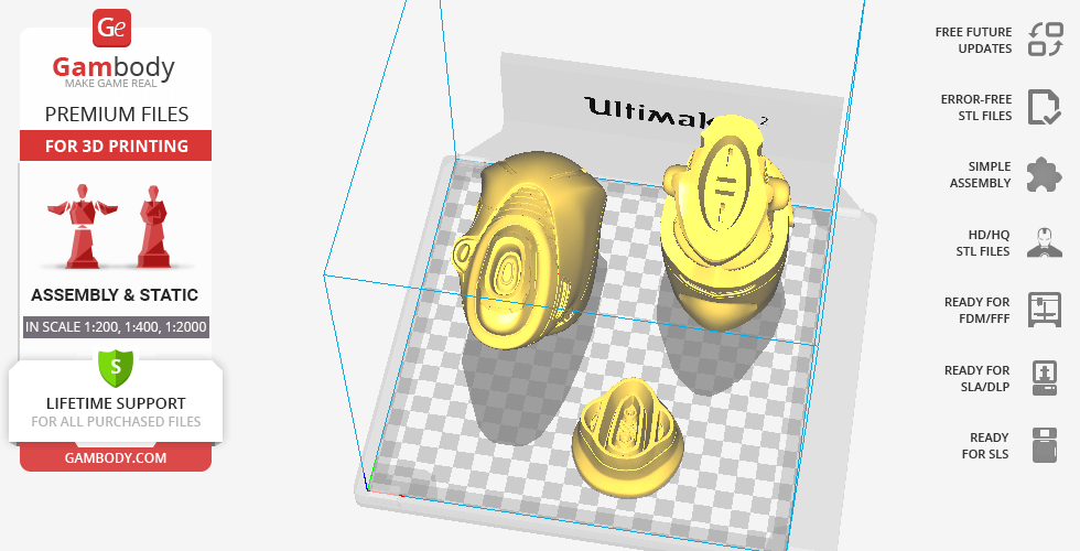 3D printer interface showing parts of Taranis spaceship model from EVE Online, ready for printing.