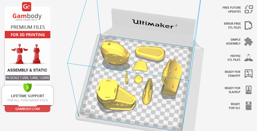 3D printer interface showing parts of a Taranis EVE Online ship model laid out for printing.